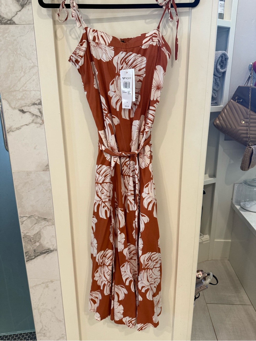 Roxy Rust Orange Floral Tie-Shoulder Maxi Dress